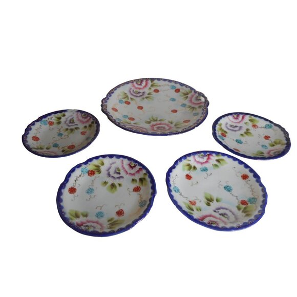 Antique Nippon Hand painted Floral Berries Blue desert plates and Platter set - Picture 1 of 10